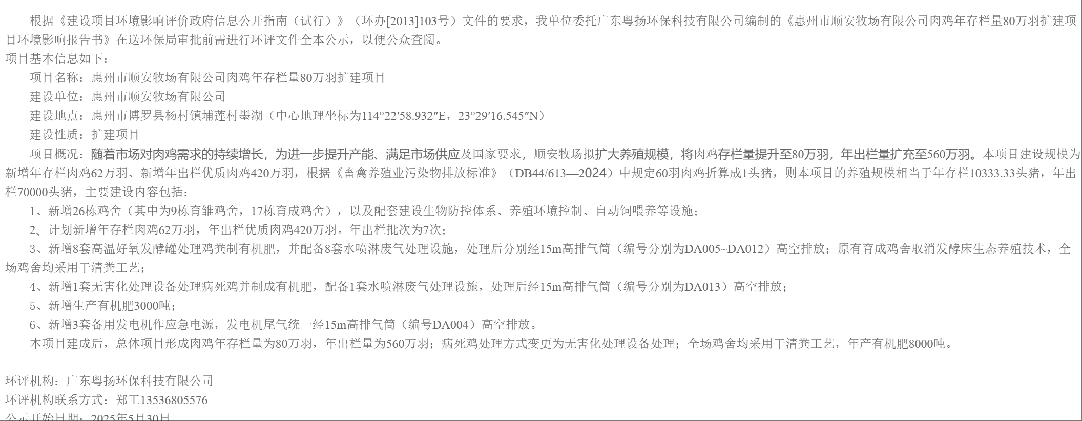 《惠州市順安牧場有限公司肉雞年存欄量80萬羽擴(kuò)建項(xiàng)目環(huán)境影響報(bào)告書》審批前公示